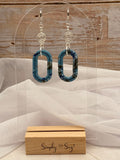 Teal Marble Open Oval Dangles with Silver Wire Spiral