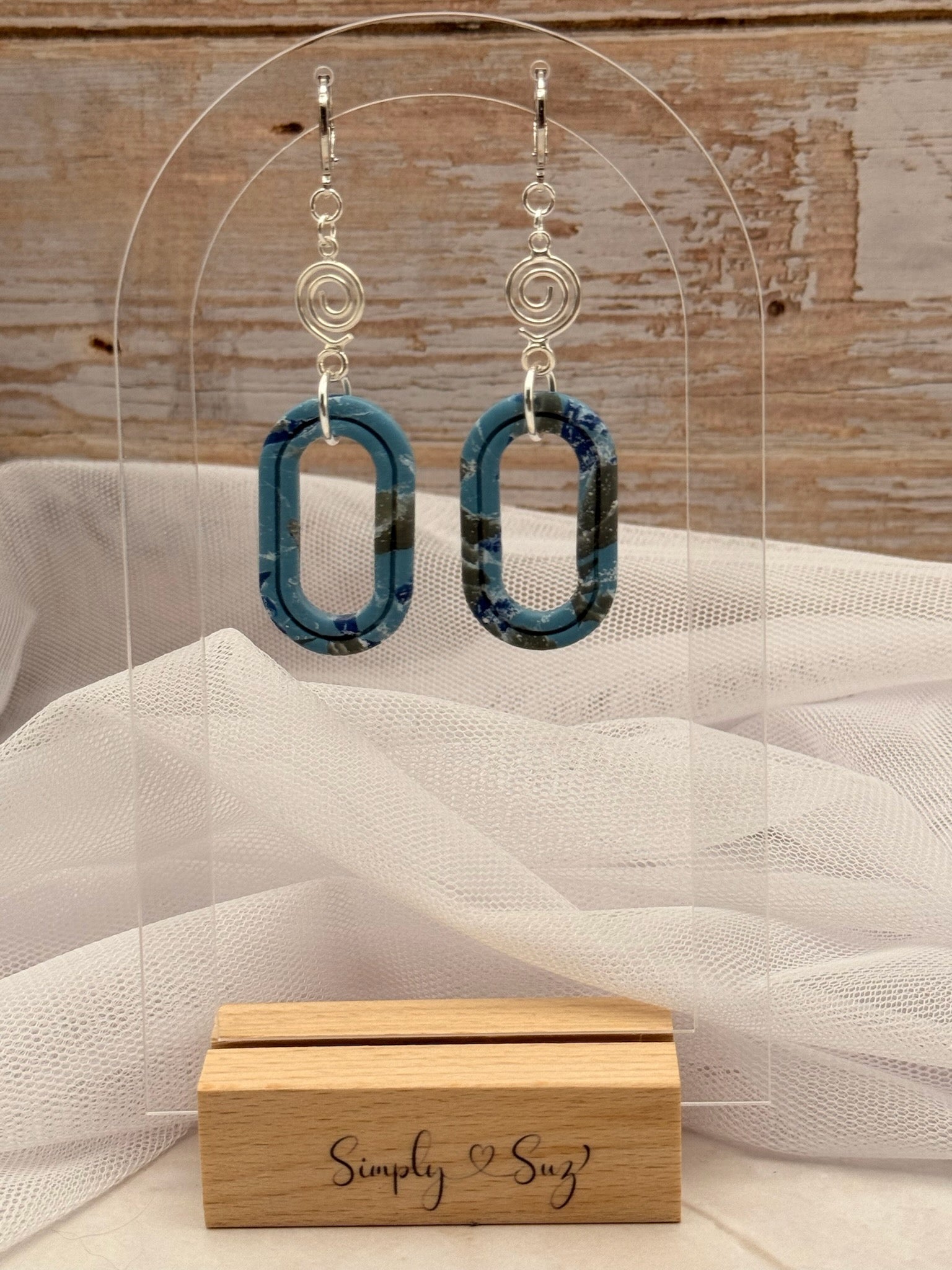 Teal Marble Open Oval Dangles with Silver Wire Spiral