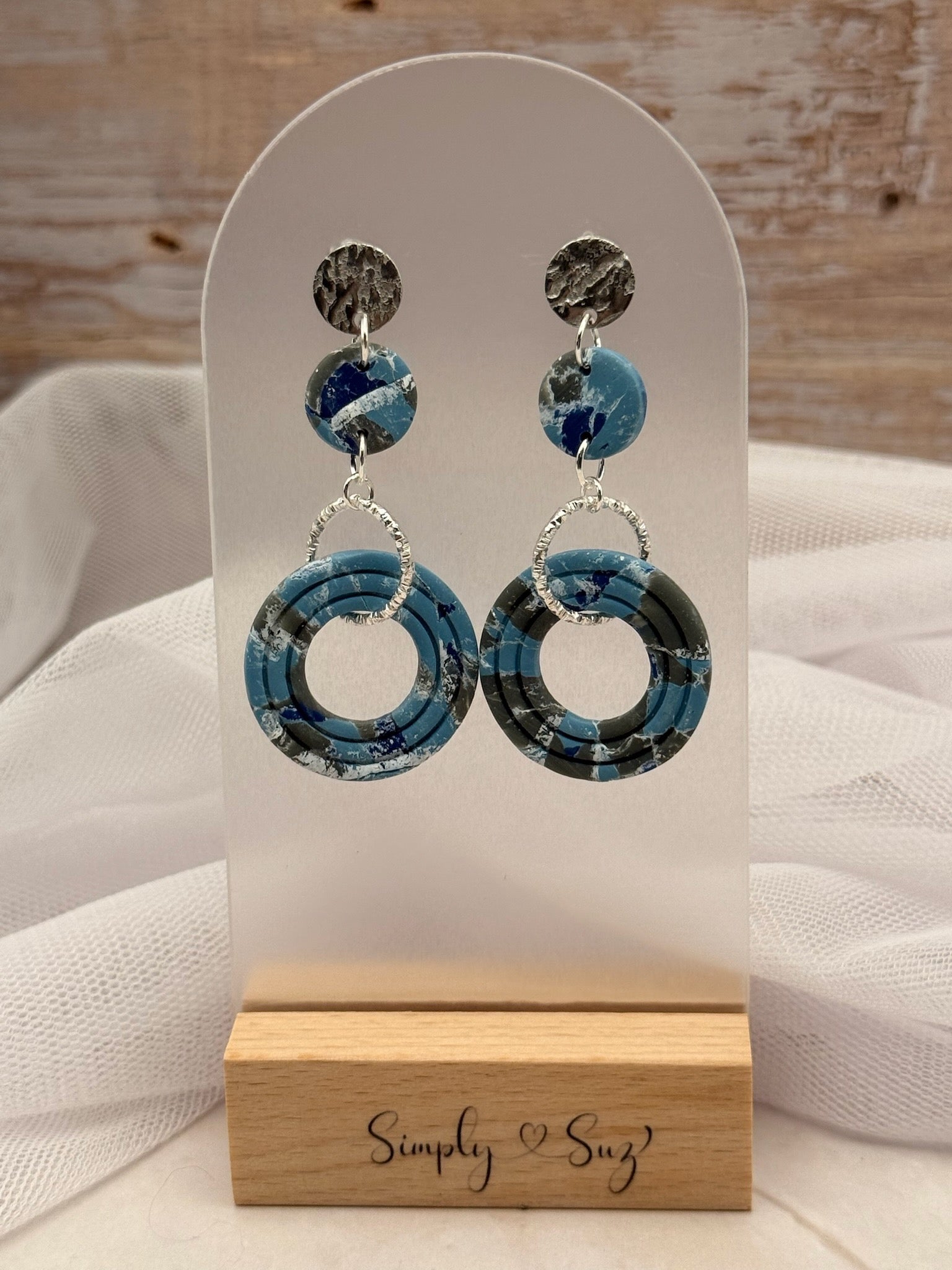 Blue Marble Triple Tiered Dangle Earrings