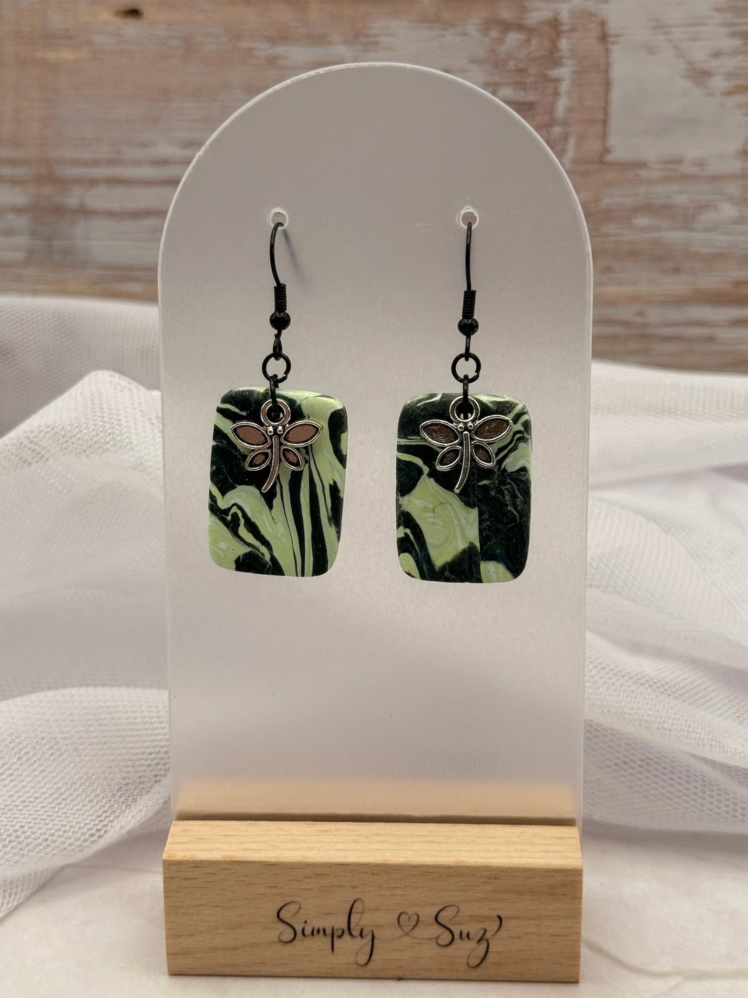 Green Marble Rectangle Dangles with Dragonfly Charm