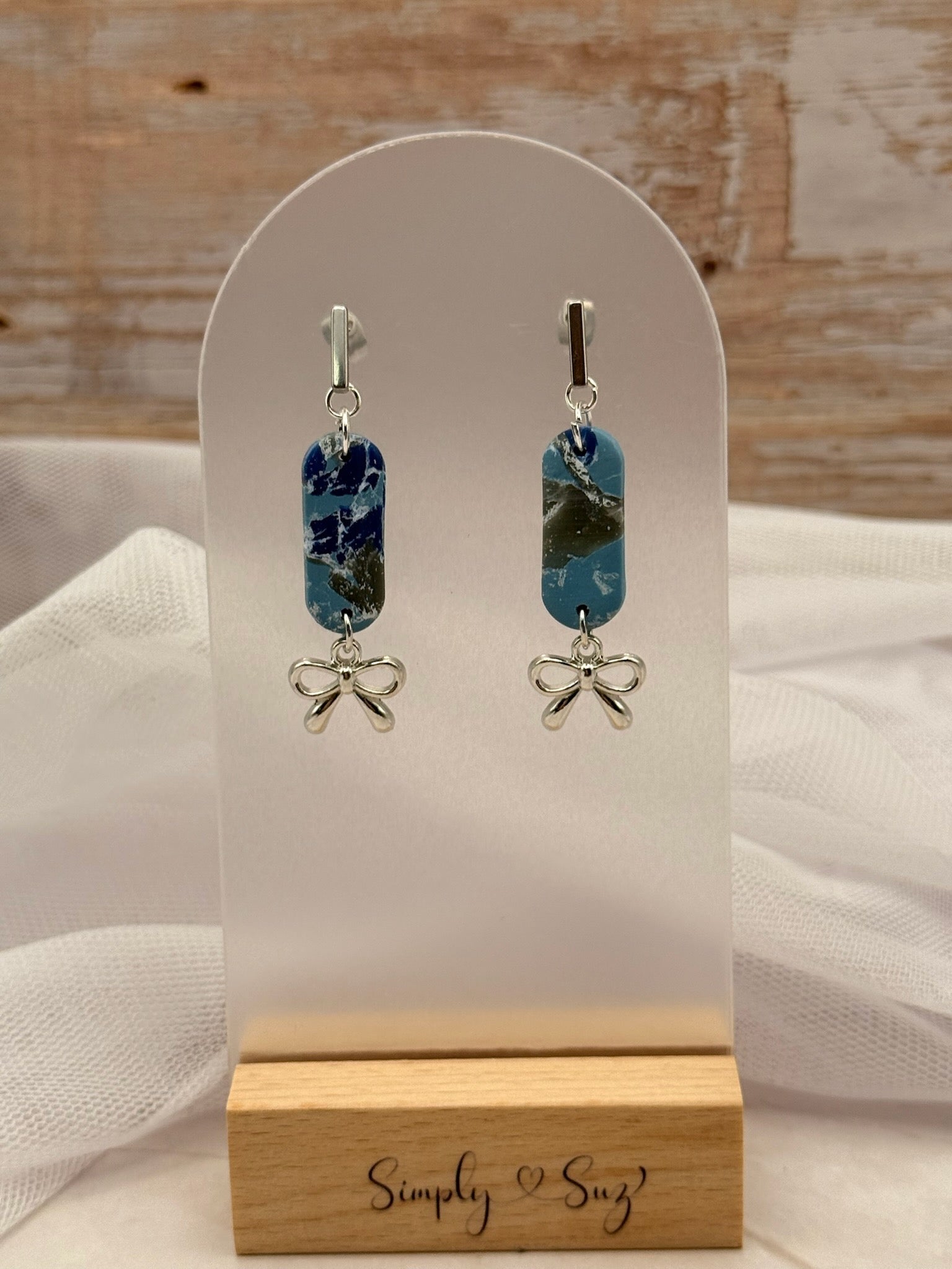 Blue Marble Bar Dangles with Silver Bow Charm