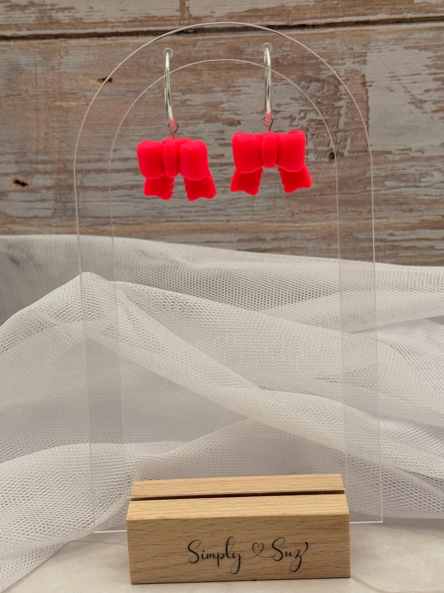Hot Pink 3D Bow Dangle Earrings on Silver Hoops