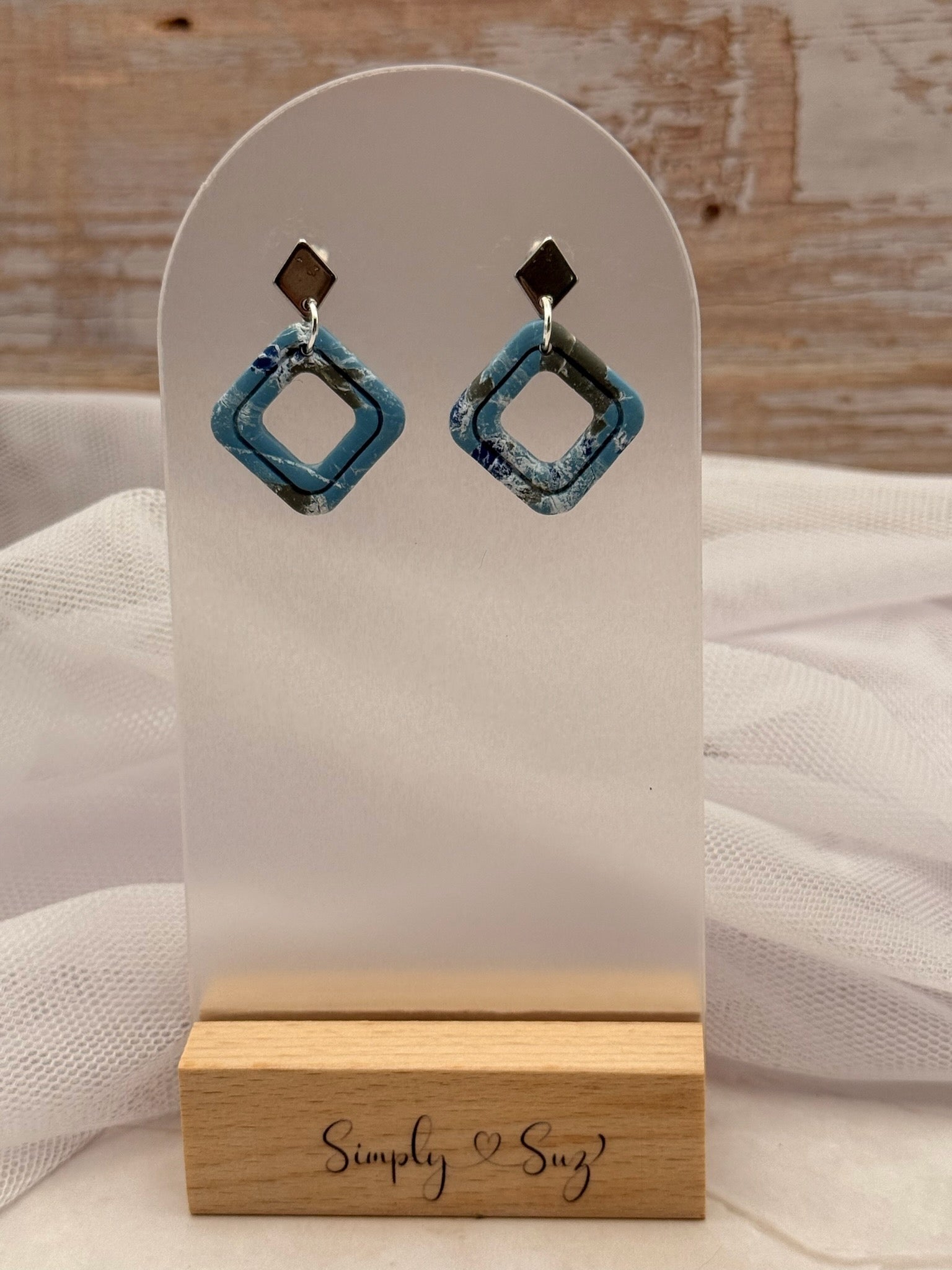 Blue Marble Open Diamond Dangles with Silver Diamond Studs