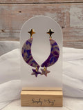 Purple Marble Crescent Moon & Star Dangles - Gold 4-Point Star Studs