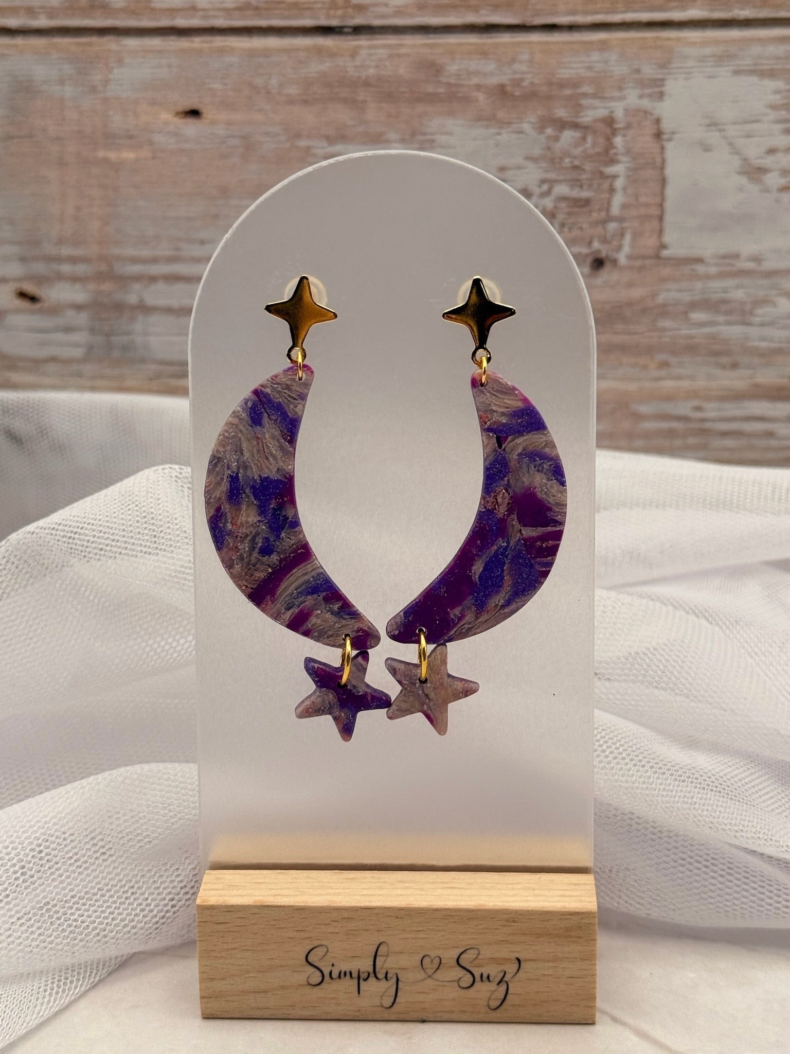 Purple Marble Crescent Moon & Star Dangles - Gold 4-Point Star Studs