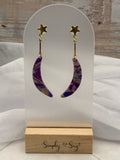 Purple Marble Crescent Moon Bar Drop Dangles - Gold Star Studs