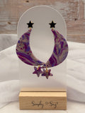 Purple Marble Large Crescent Moon & Star Dangles - Black Star Studs