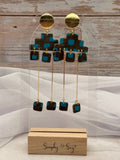 Teal Geometric Block Chandelier Dangle Earrings
