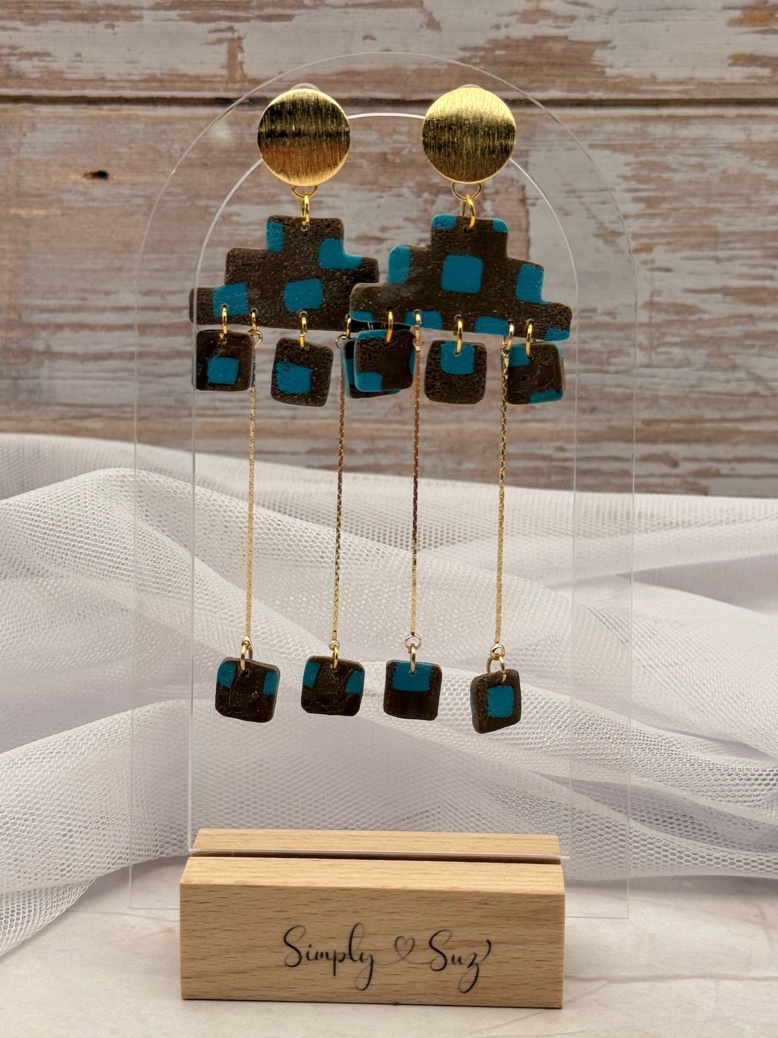 Teal Geometric Block Chandelier Dangle Earrings