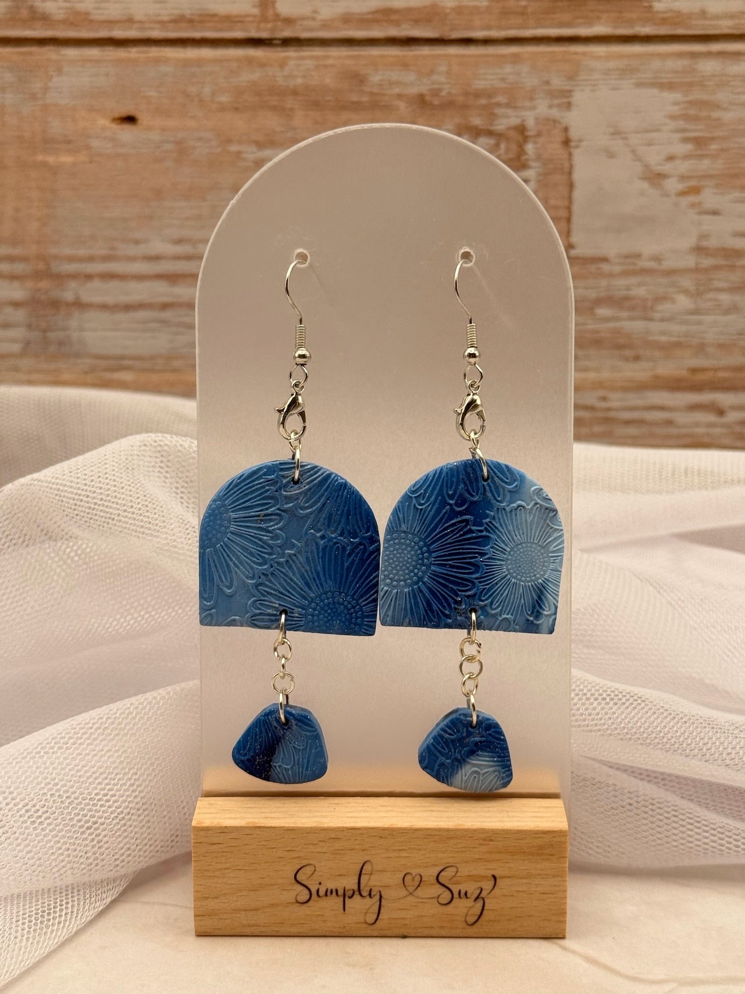 Blue Floral Textured Arch & Triangle Double Dangle Earrings