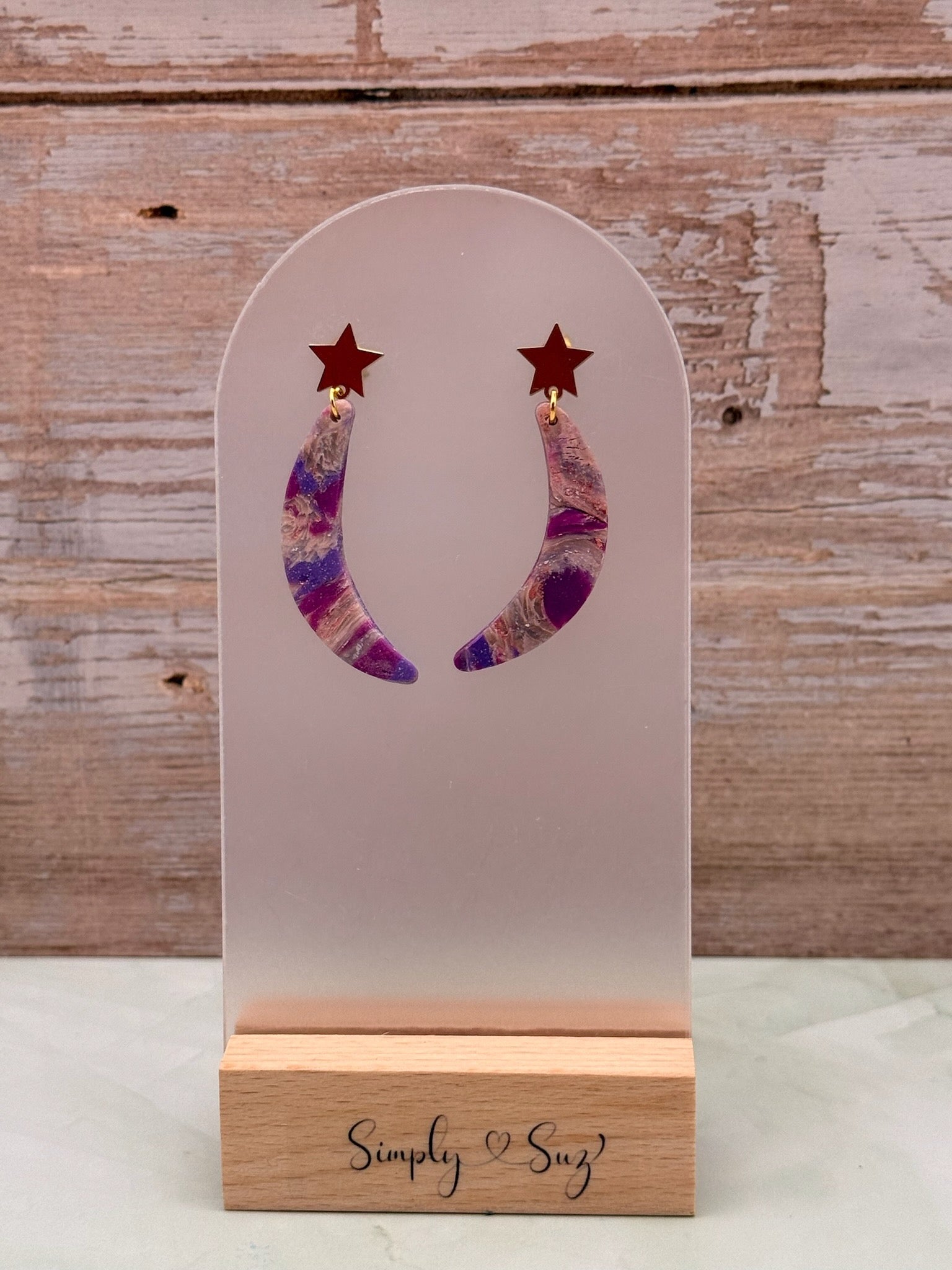 Purple Marble Crescent Moon Dangles with Red Star Studs