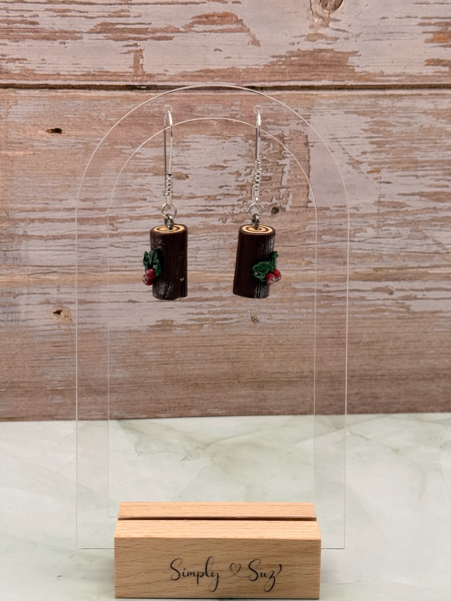 Yule Log with Holly Berry Dangle Earrings - Long Hooks