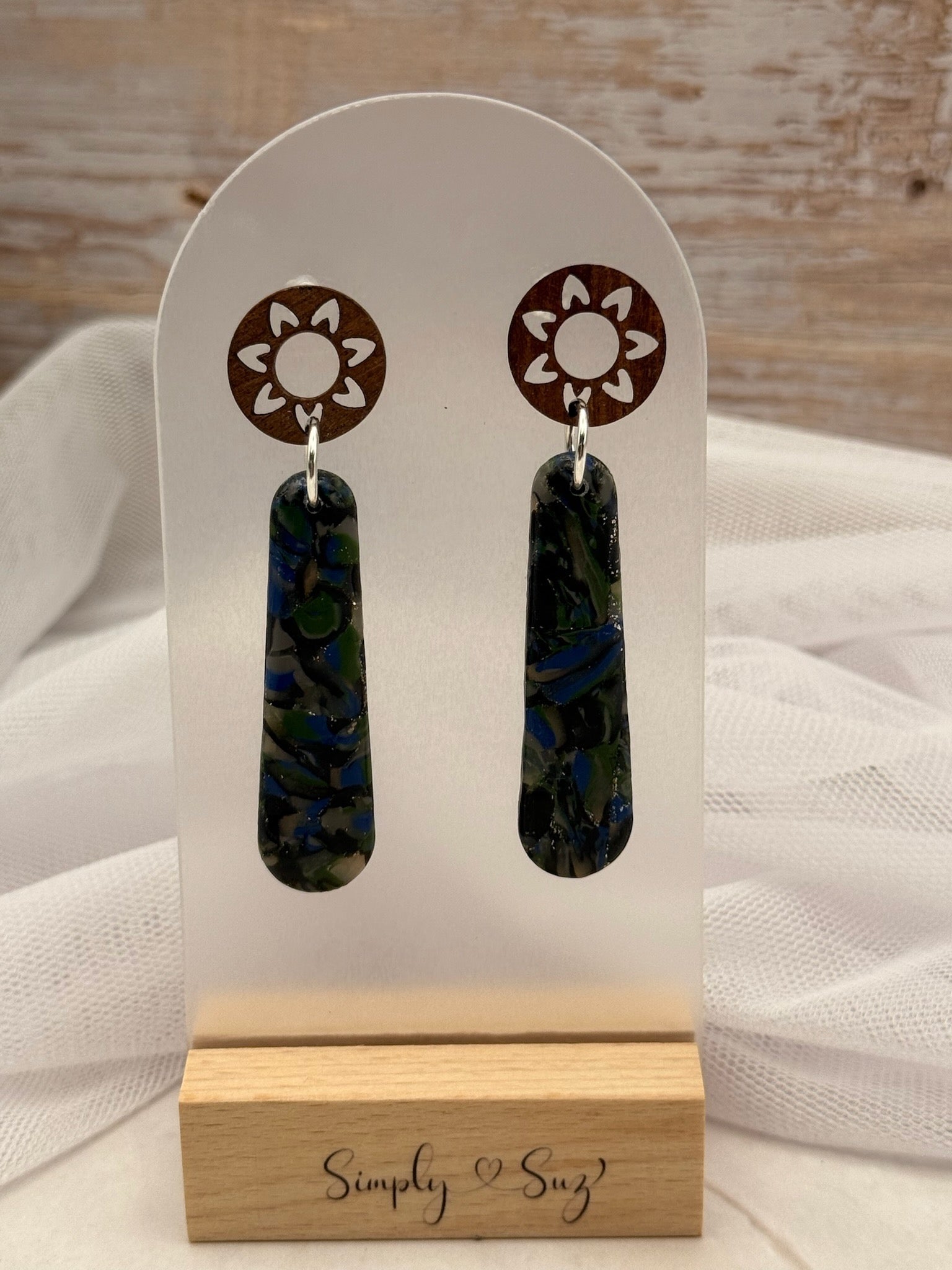 Wood Sunflower Stud & Green Marble Bar Dangle Earrings