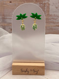 Green Leaf Stud Tops with Tropical Pattern Oval Dangles