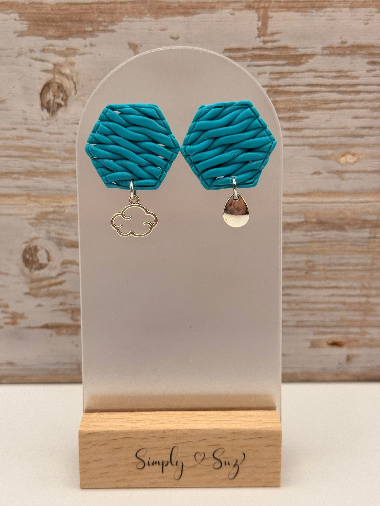 Teal Woven Hexagon Studs with Mismatched Cloud & Raindrop Charms