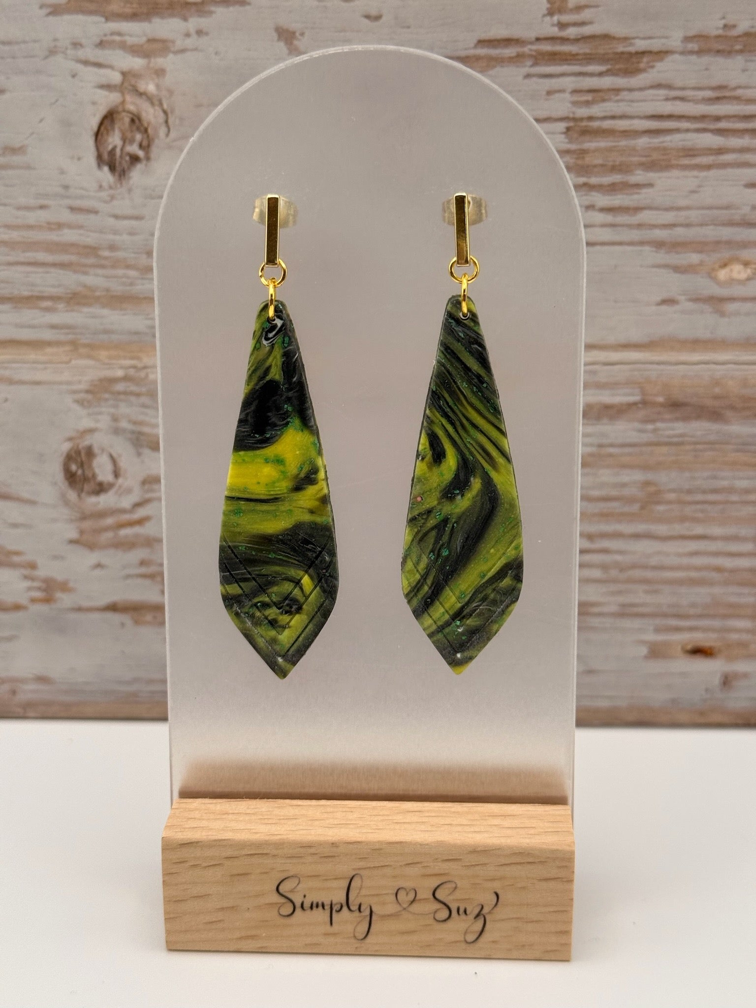 Green & Black Marble Elongated Diamond Dangle Earrings