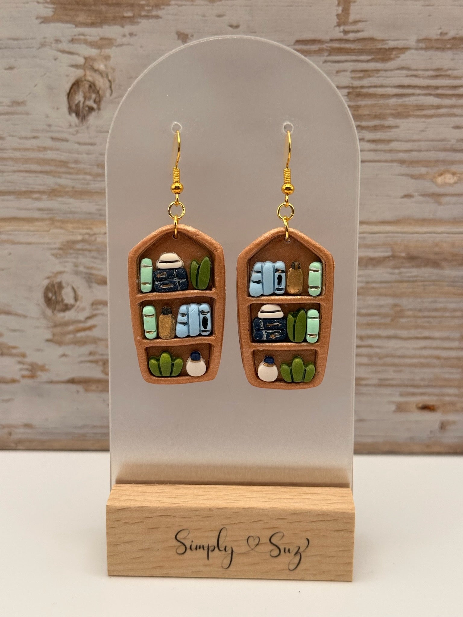 Mini Bookshelf Dangle Earrings - Round Top
