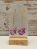 Pink Conversation Heart Double Chain Dangle Earrings