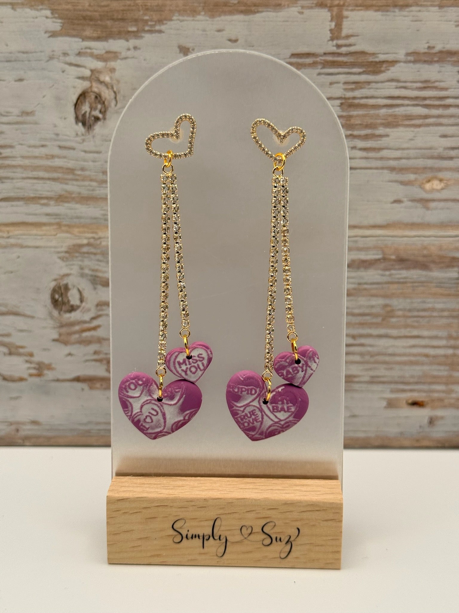 Pink Conversation Heart Double Chain Dangle Earrings