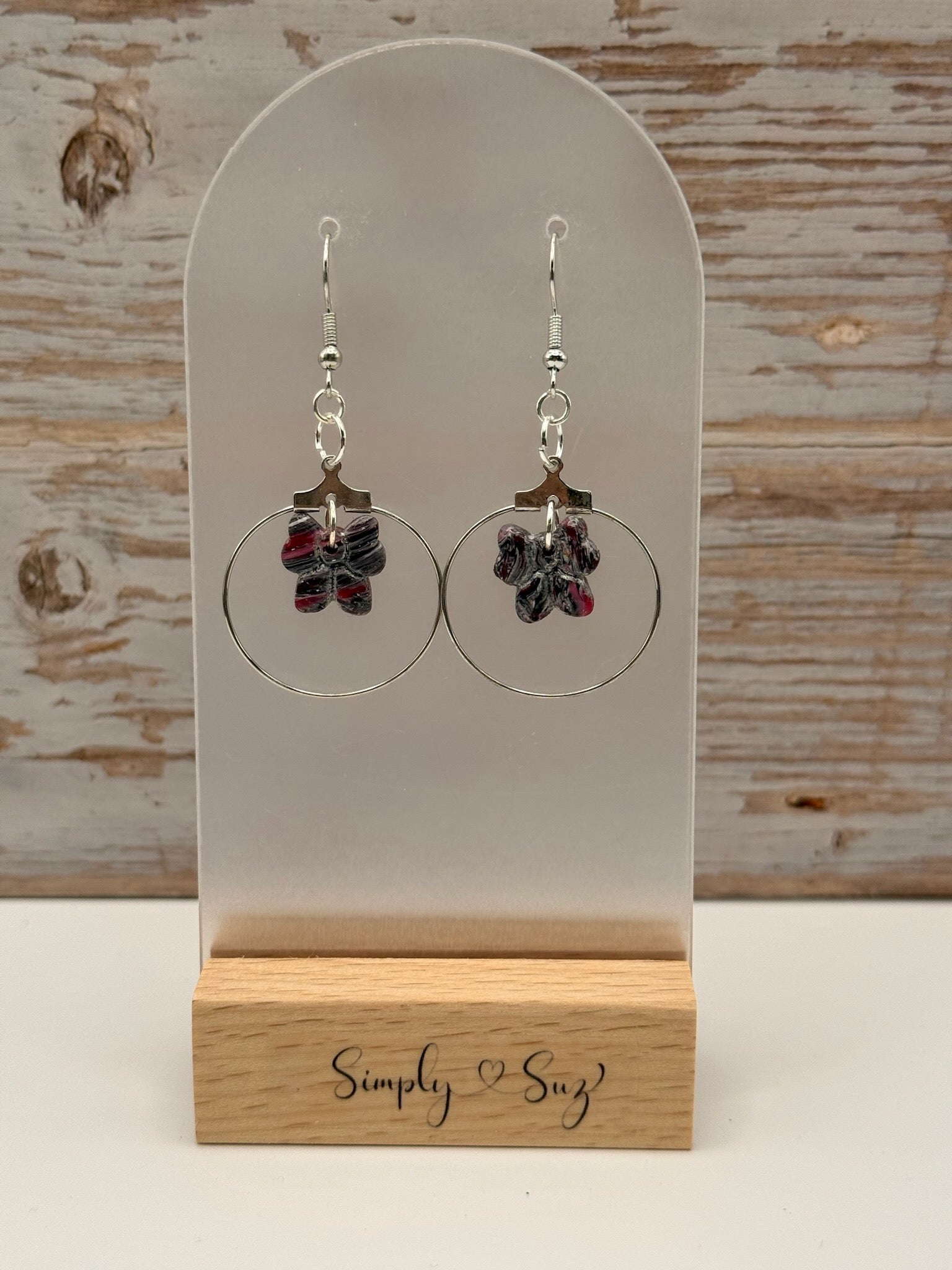 Red & Black Marble Flower in Silver Hoop Dangle Earrings