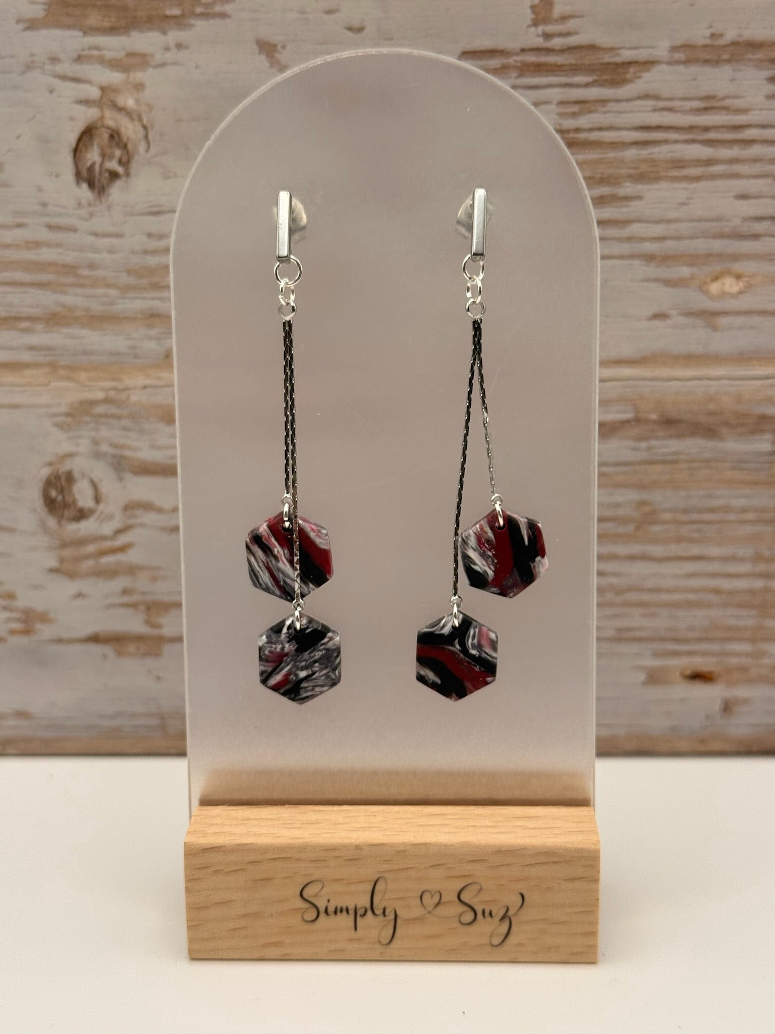 Red & Black Marble Double Hexagon Chain Dangle Earrings