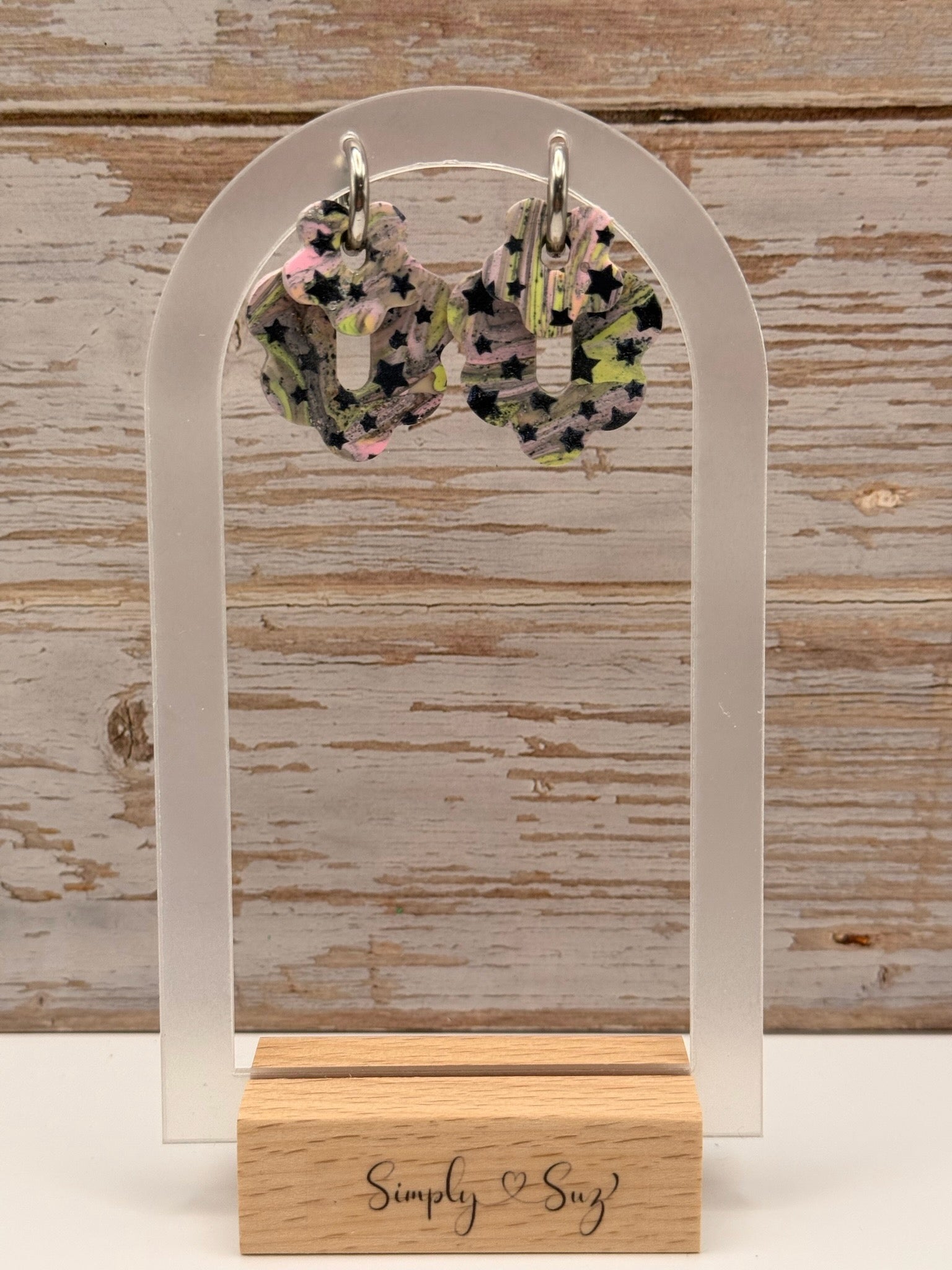 Star Print Love Script Dangles on Silver Hoops