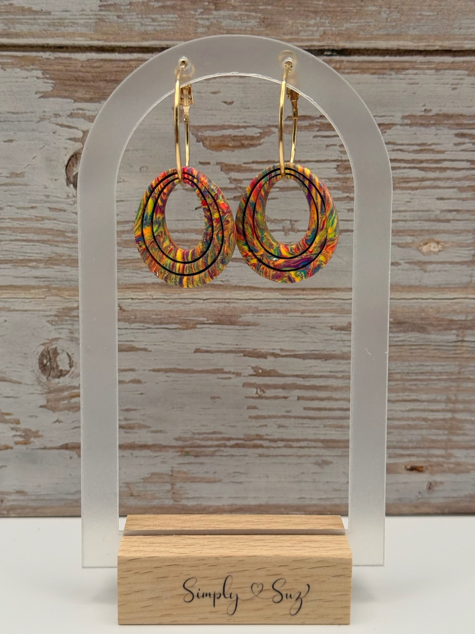 Colorful Abstract Nested Open Oval Dangles on Gold Leverbacks