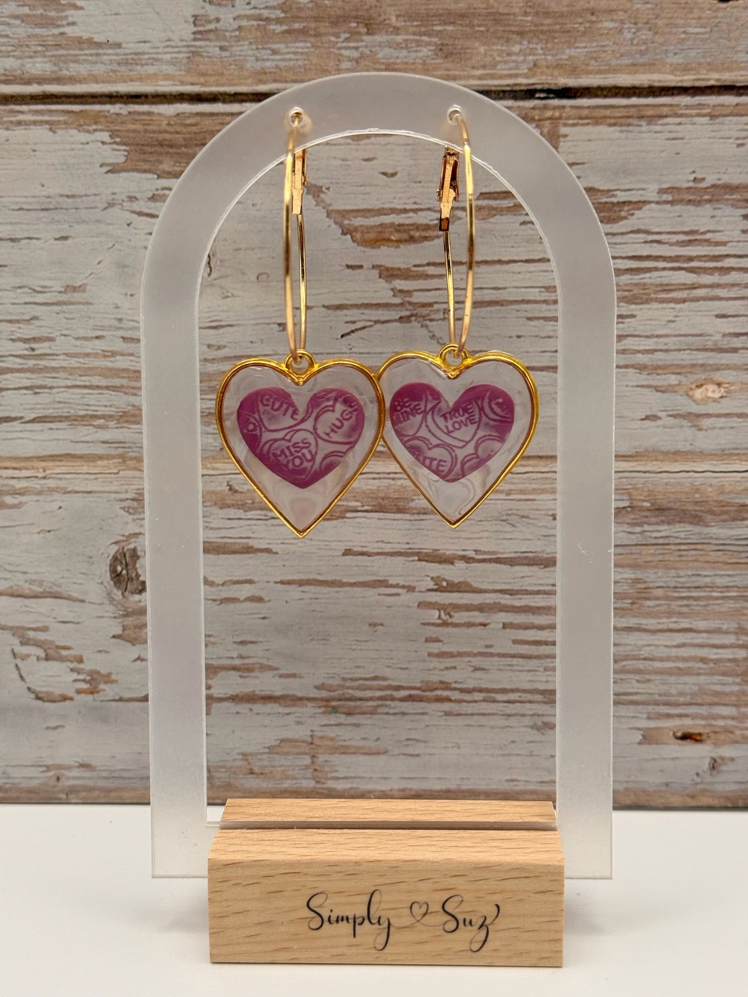 Conversation Hearts in Gold Heart Frame Hoop Earrings