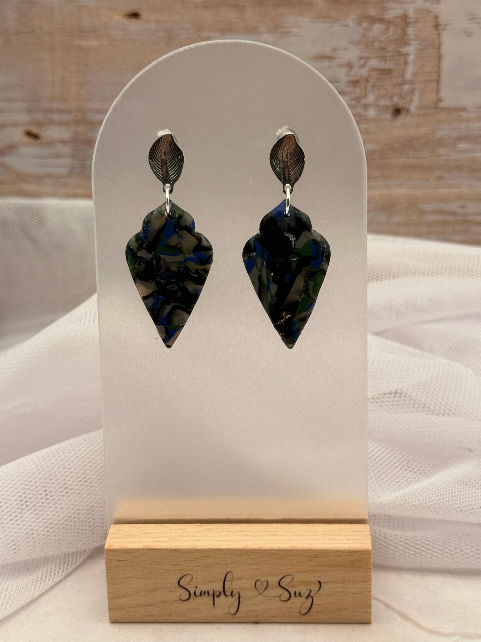 Blue Marble Arrowhead Dangles with Silver Leaf Stud Tops