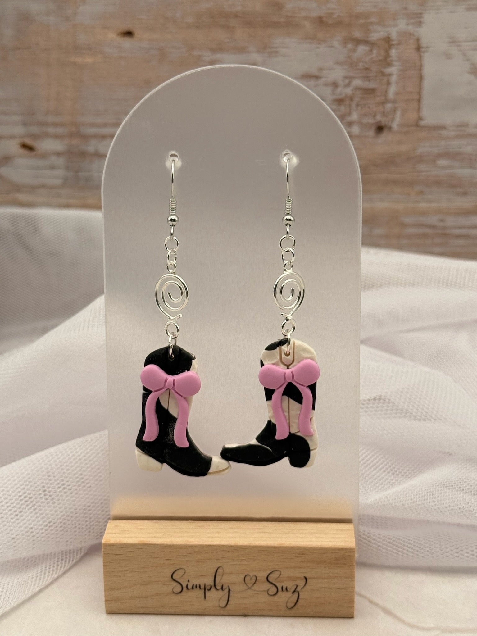 Cowboy Boot Dangles with Pink Bow & Wire Spiral