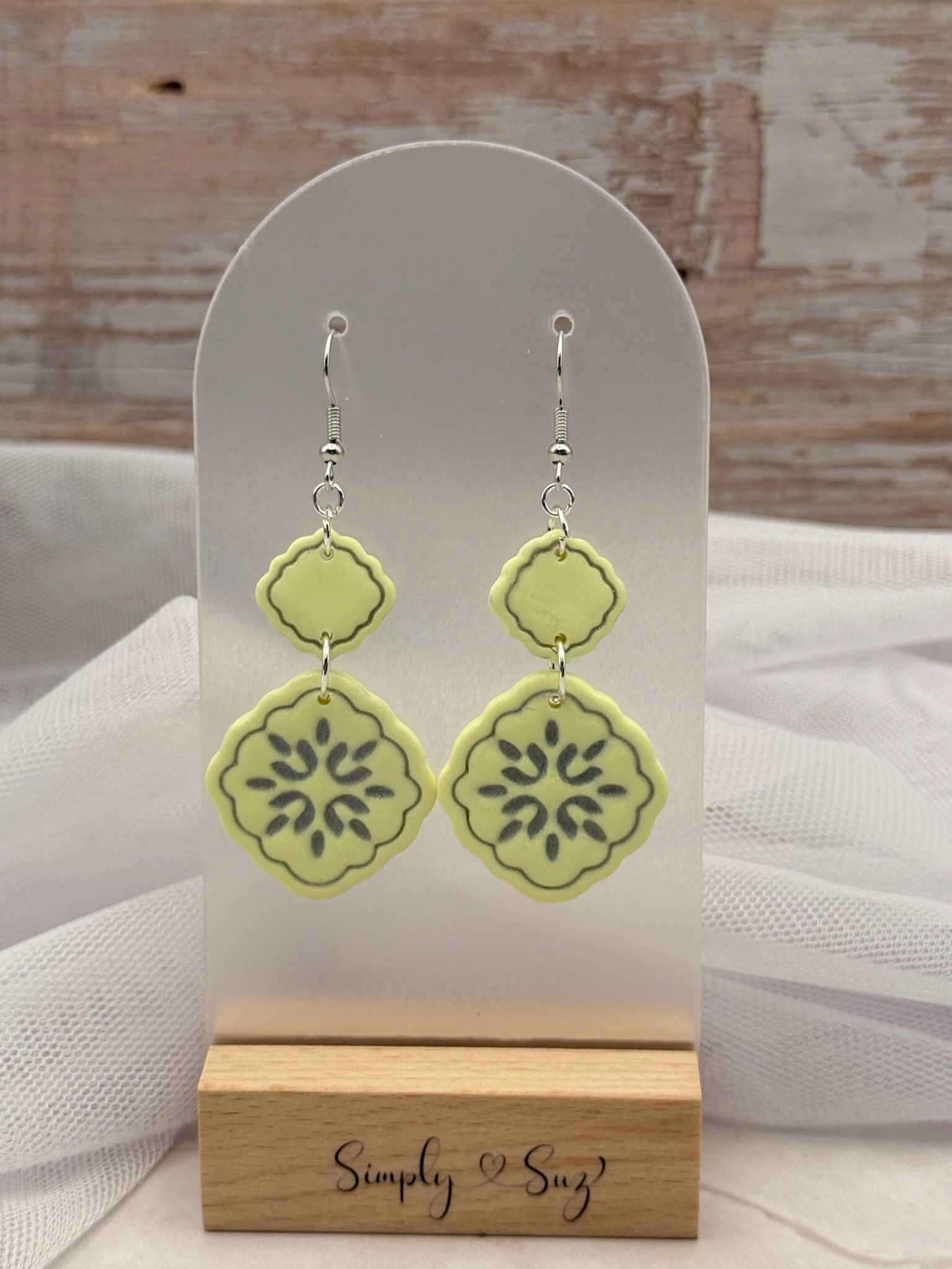 Green Medallion Tile Stamped Dangle Earrings