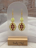 Yellow and Red Floral Tile Hexagon Dangle Earrings