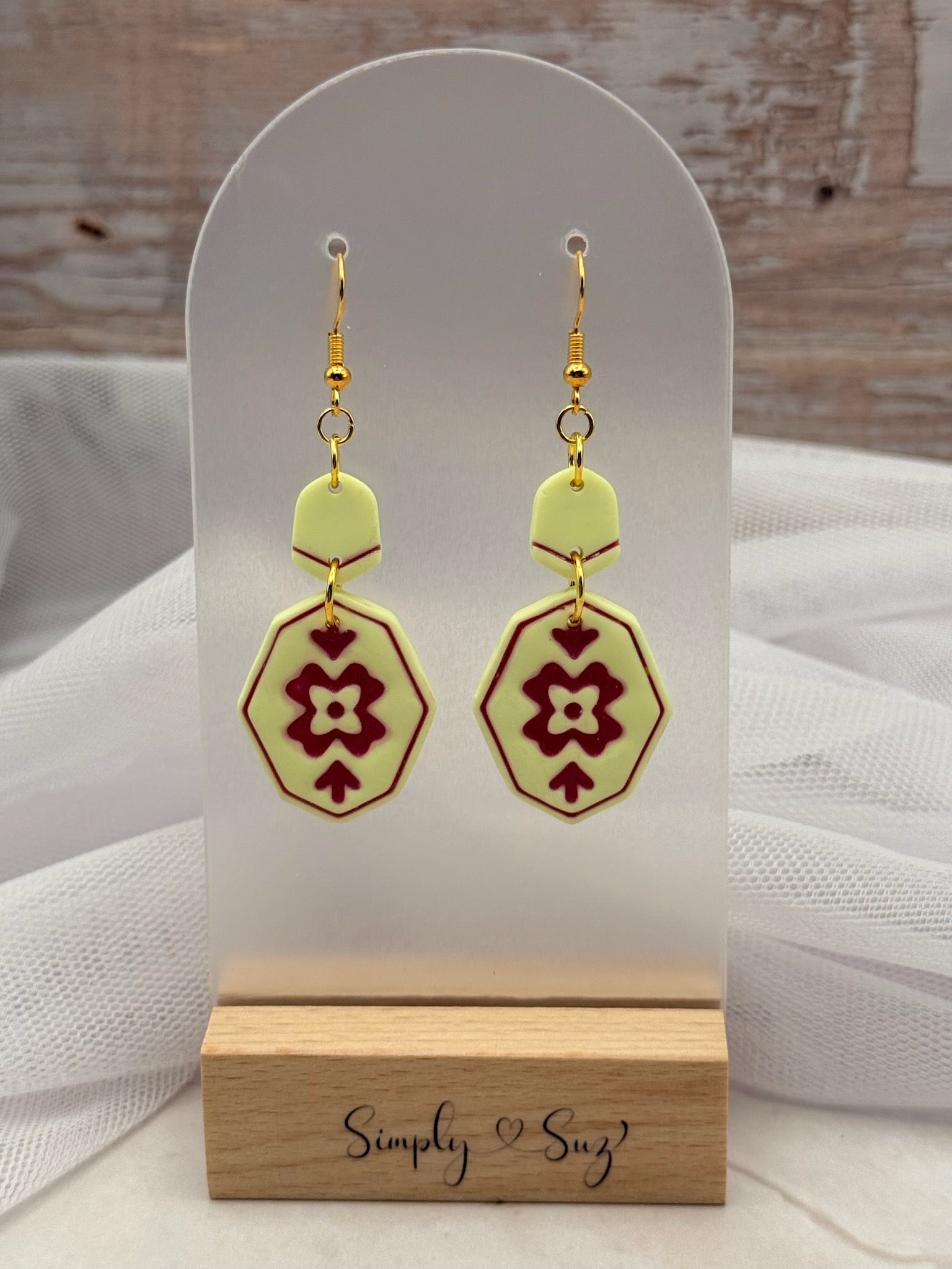 Yellow and Red Floral Tile Hexagon Dangle Earrings