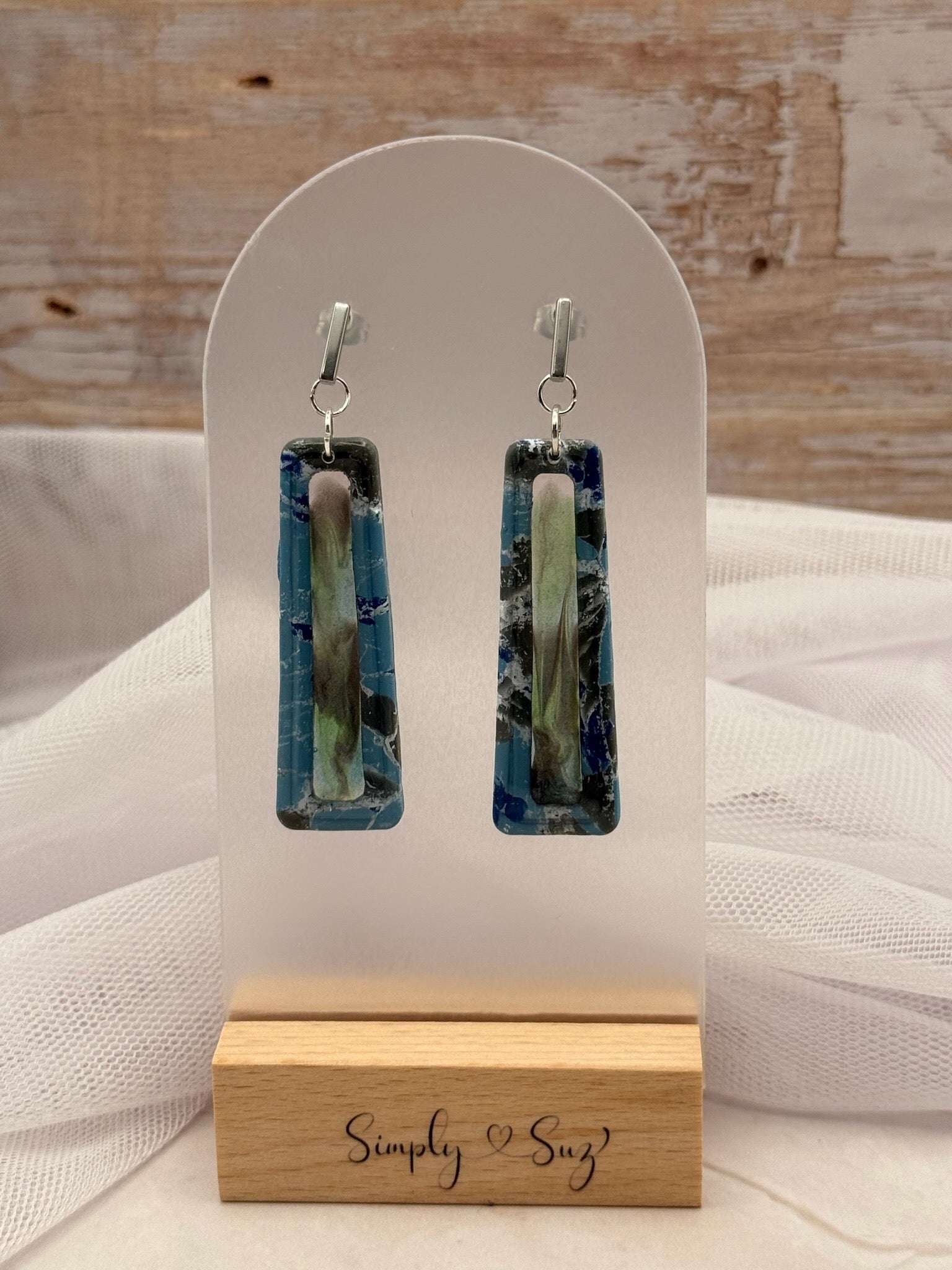Ocean Blue Marble Rectangle Cutout Dangle Earrings