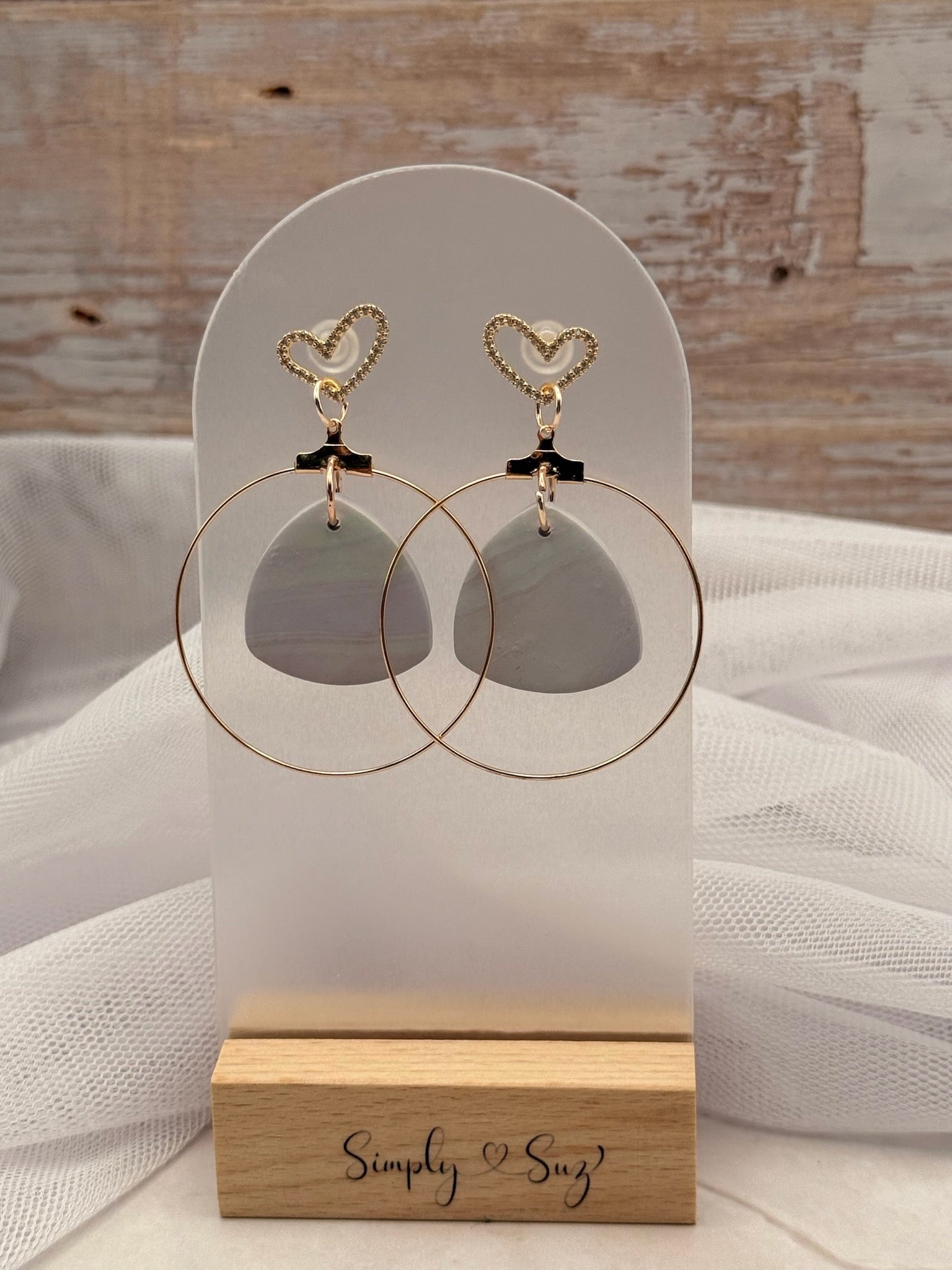 Gray Marble Triangle Gold Heart Hoop Dangle Earrings