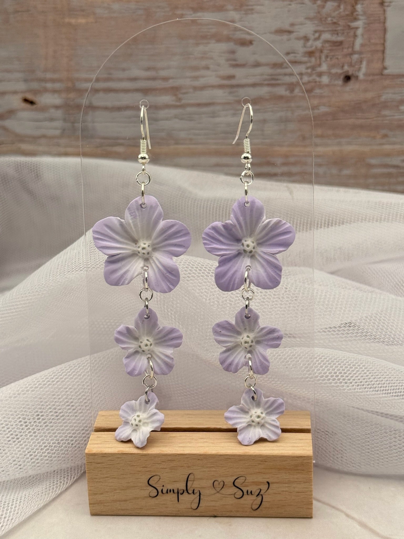 Lavender Triple Flower Cascade Dangle Earrings