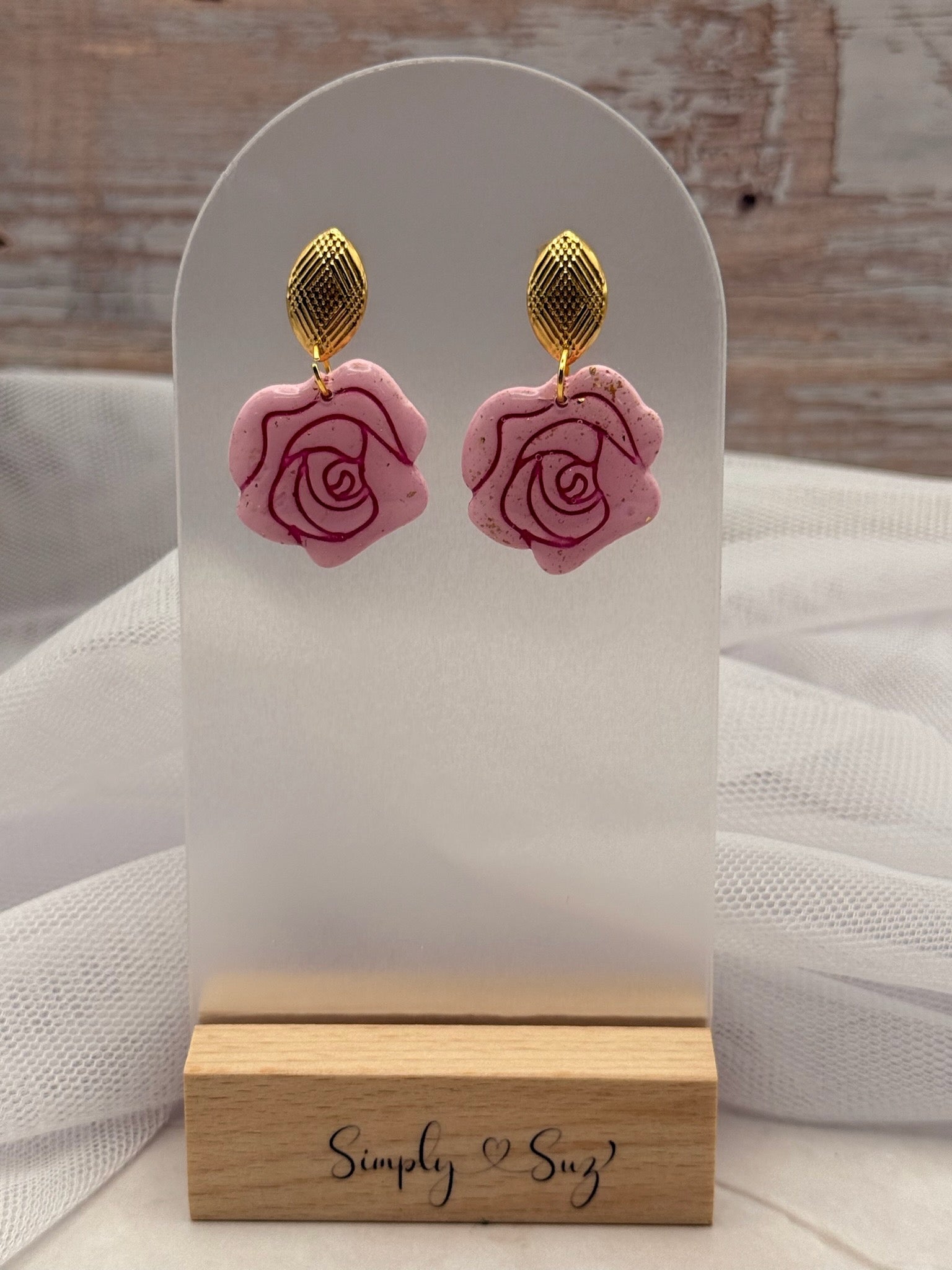 Pink Rose Gold Leaf Stud Dangle Earrings