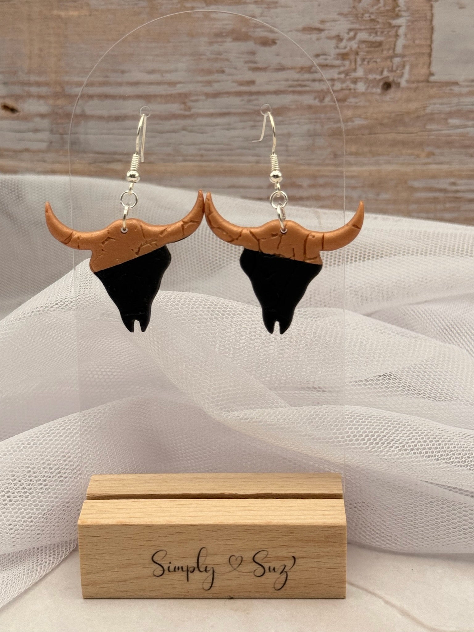 Black and Copper Bull Skull Dangle Earrings