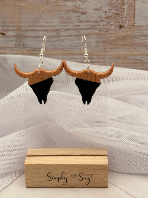 Black and Copper Bull Skull Dangle Earrings