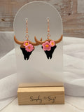 Floral Bull Skull Pink Flower Dangle Earrings