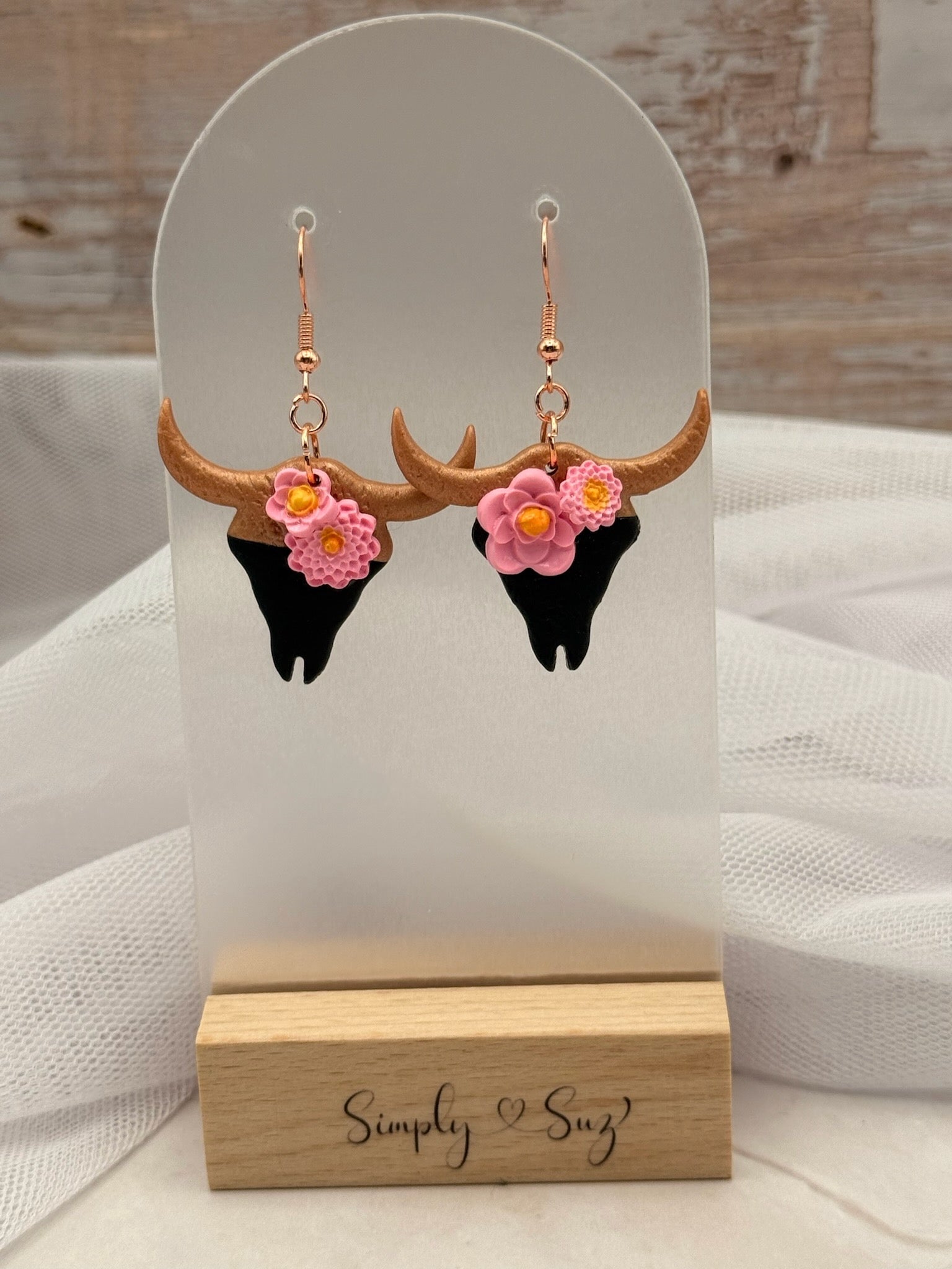 Floral Bull Skull Pink Flower Dangle Earrings