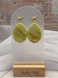 Lime Green Marble Oval Bow Top Dangle Earrings