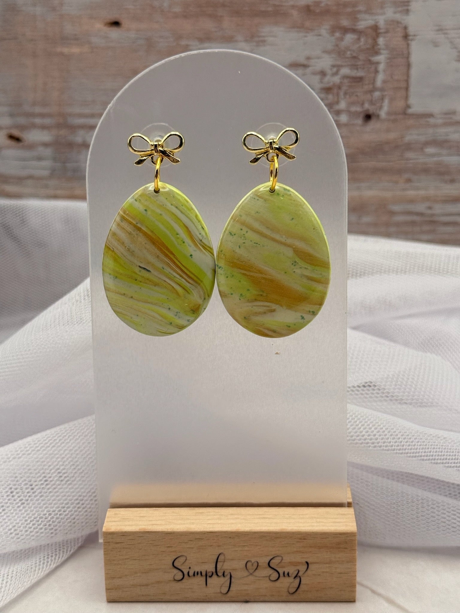 Lime Green Marble Oval Bow Top Dangle Earrings