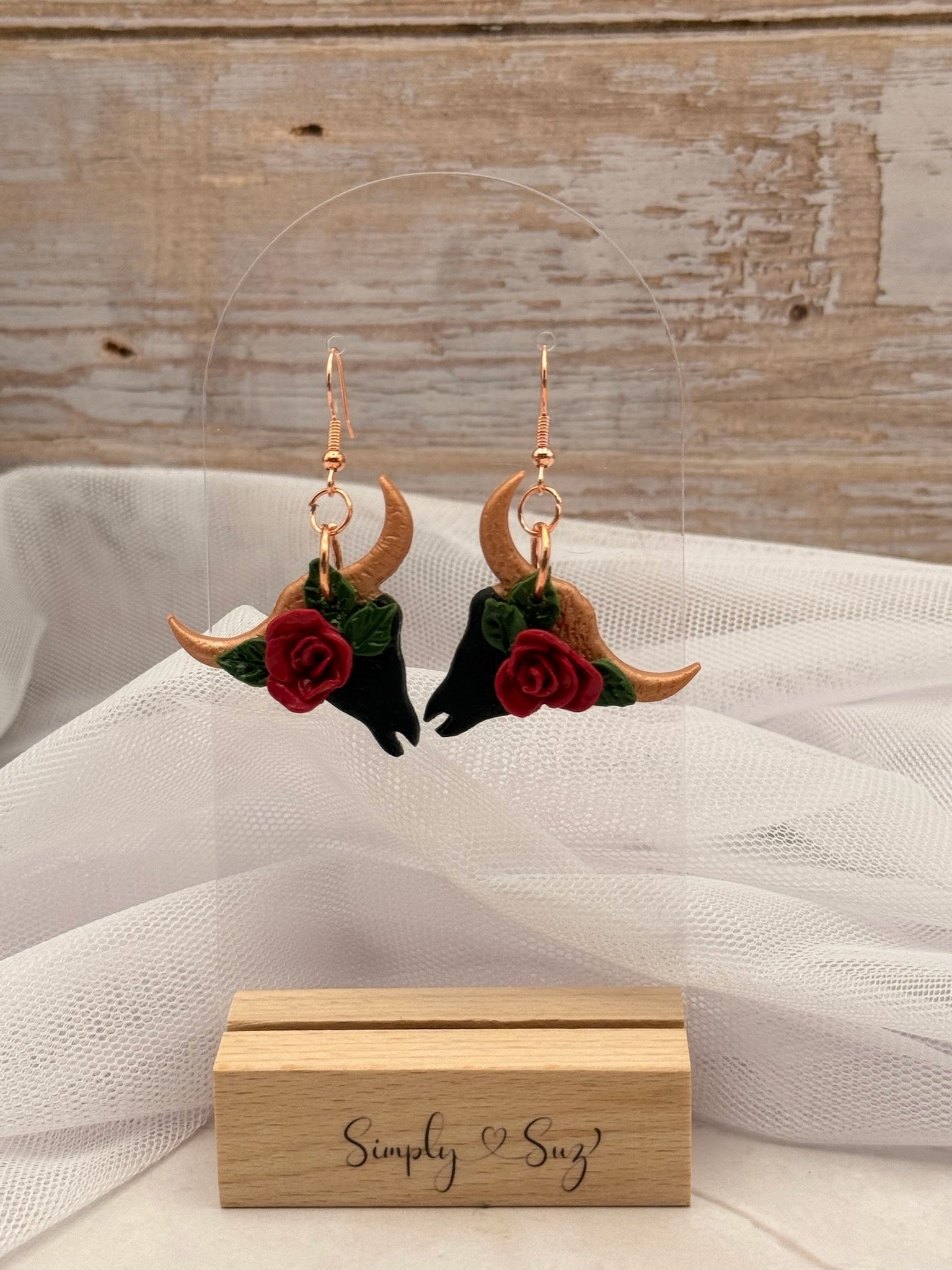 Red Rose Bull Skull Dangle Earrings