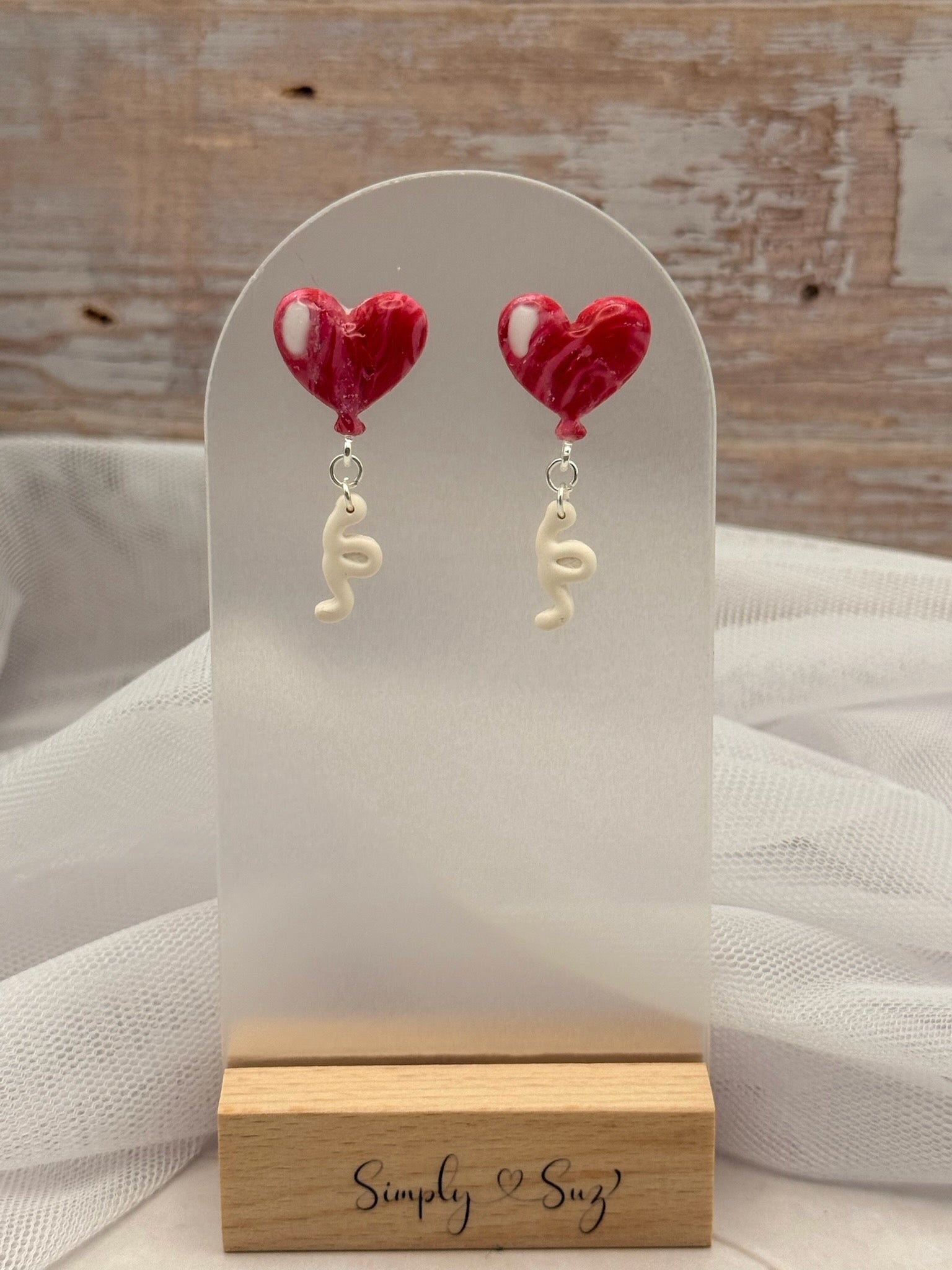 Red Marble Heart Balloon Dangle Earrings