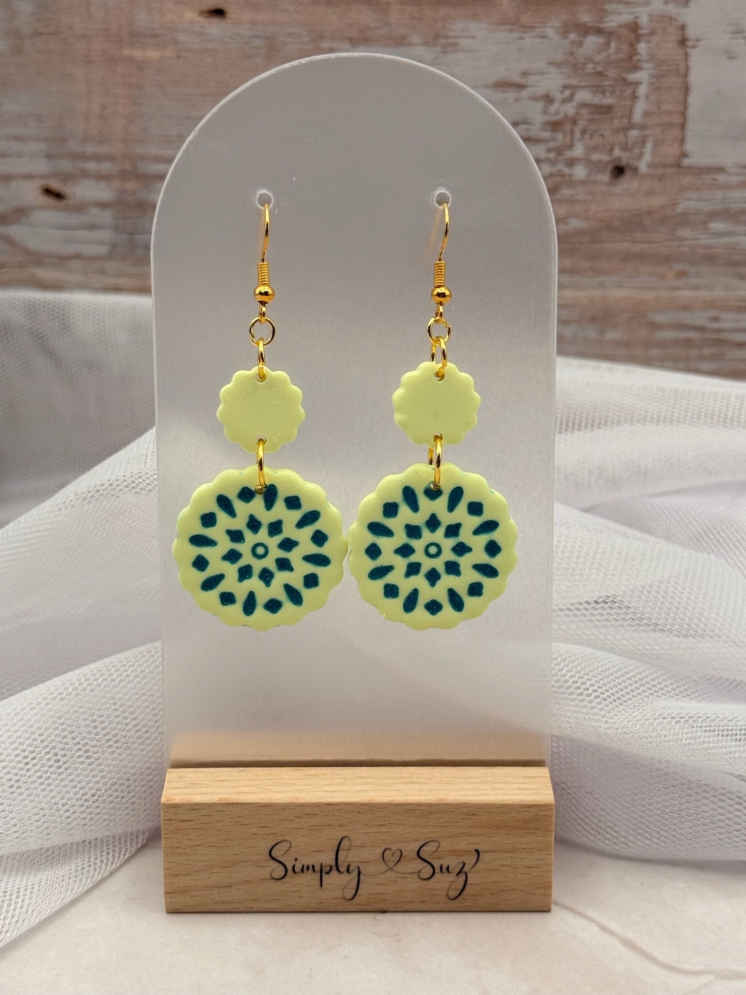 Green and Teal Mandala Scalloped Round Dangle Earrings