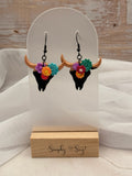Colorful Floral Bull Skull Dangle Earrings