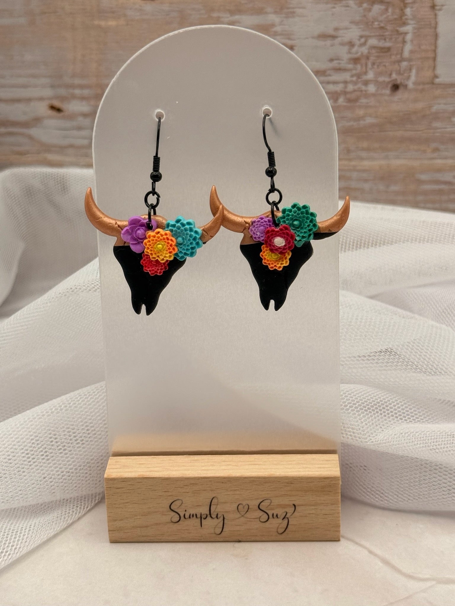 Colorful Floral Bull Skull Dangle Earrings
