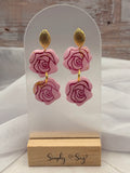 Pink Double Rose Tiered Gold Leaf Dangle Earrings