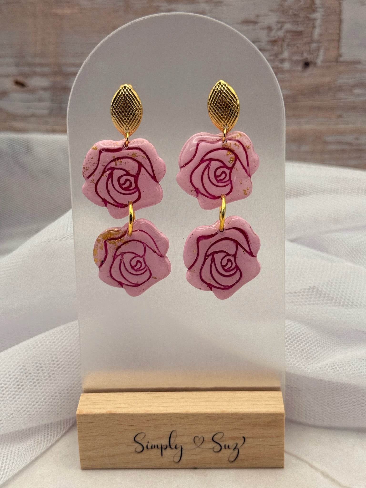 Pink Double Rose Tiered Gold Leaf Dangle Earrings